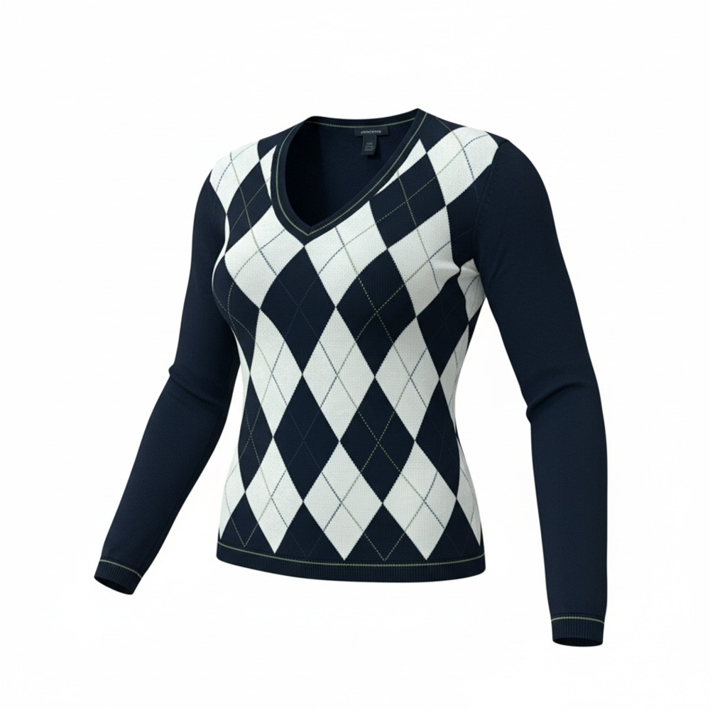 Tommy Hilfiger Argyle V-Neck Sweater Size L Navy White Cotton